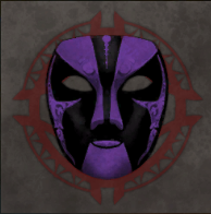 Un masque au couleur violet et noir, sur fond rouge représentant les ponts en bois typique de Cantha d'antan.