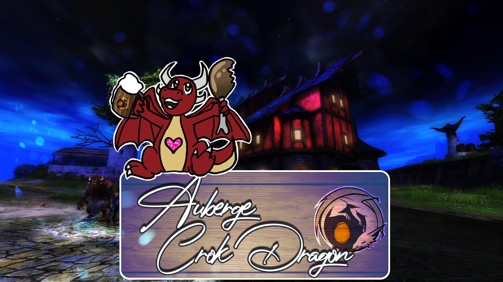 L'Auberge de Pommeville de nuit, l'écusson de la guilde est un petit dragon tout kiki.