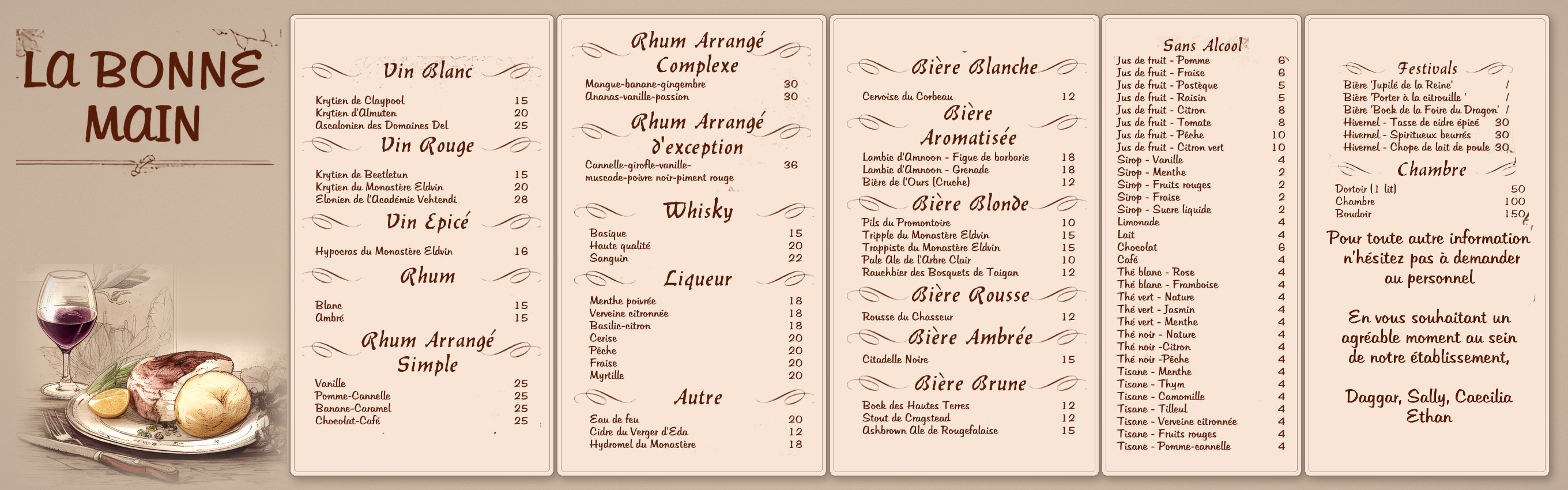 Menu modifié de la taverne