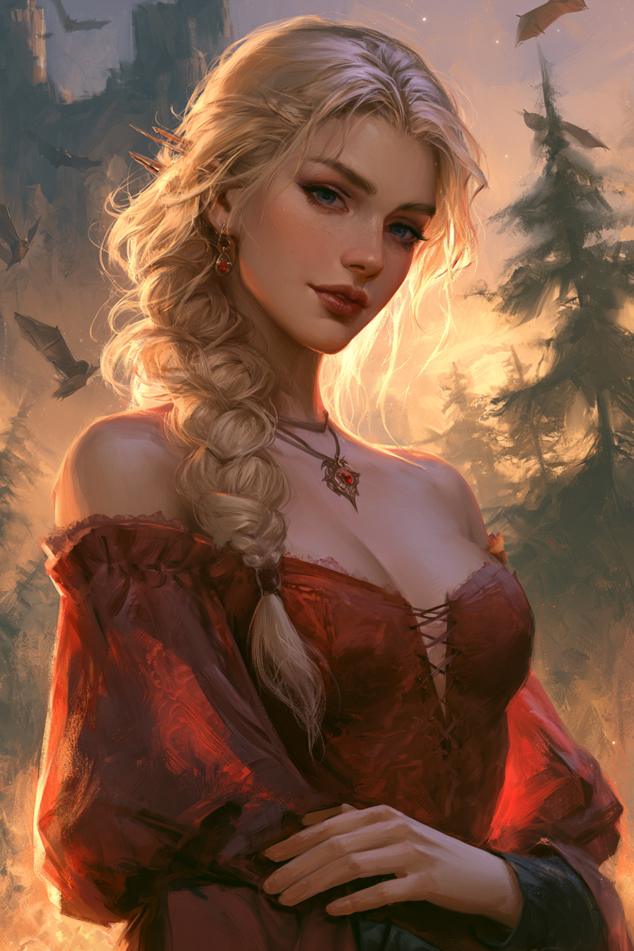Une blonde de petite taille aux yeux bleu dans une robe noble rouge.