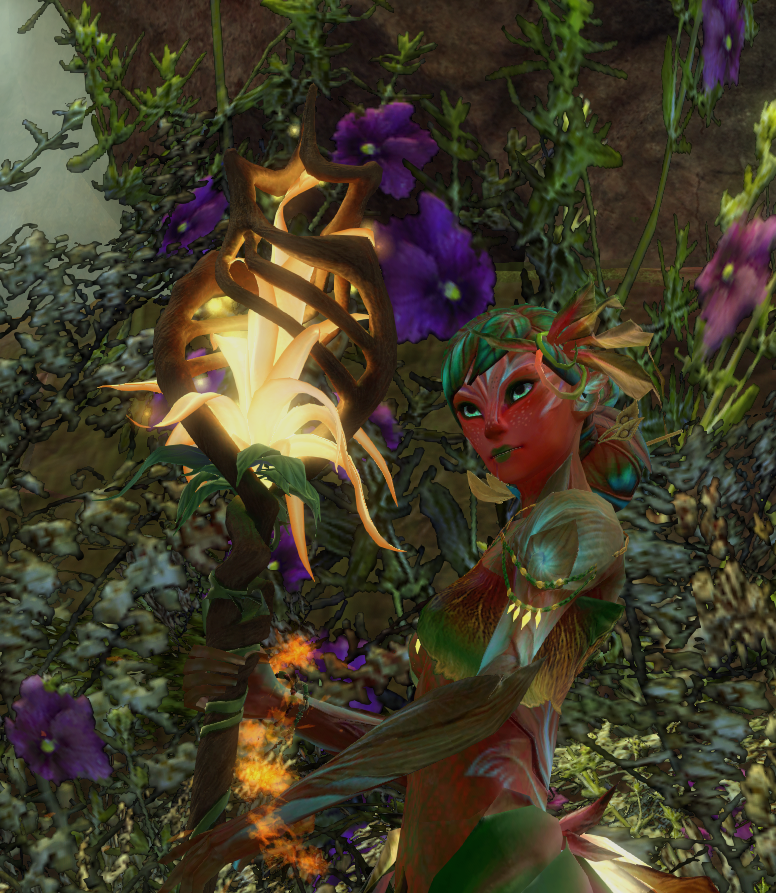 Petite sylvari à l'écorce douce et lisse, rouge et émeraude, luisance turquoise, yeux bleu