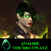 Une femme avec une sombre allure, des cheveux noirs et verts, une peau pâle et entourée d'une aura verte nécrotique.