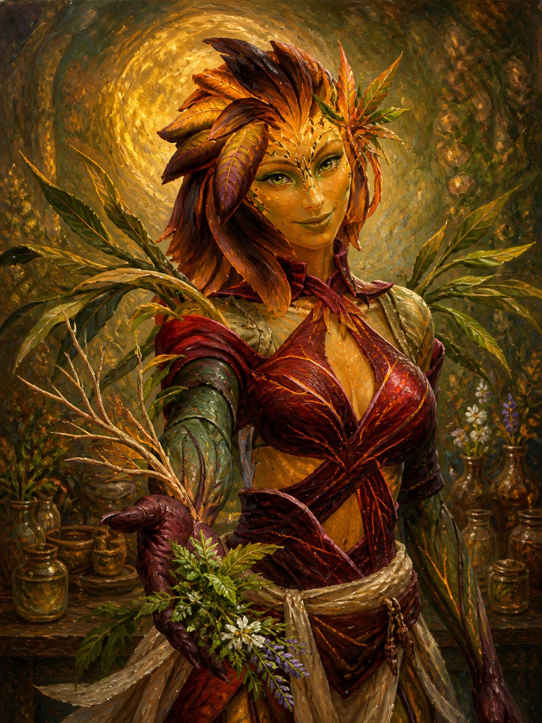 Anastasye tend un bouquet de plantes.